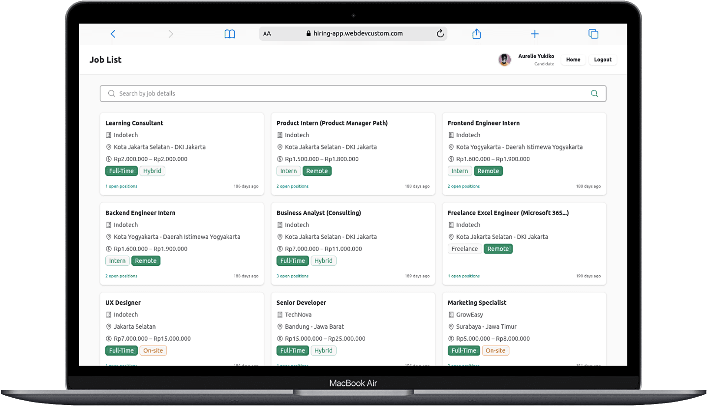 Portfolio Webdev Custom Multirole Recruitment App Desktop View