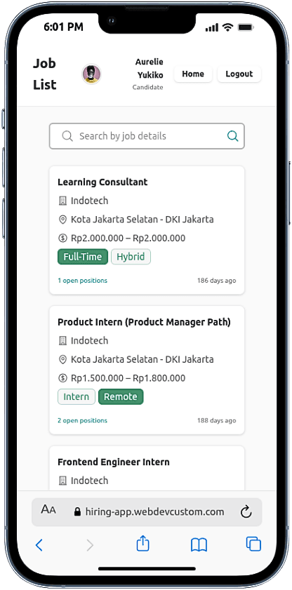 Portfolio Webdev Custom Multirole Recruitment App Mobile View