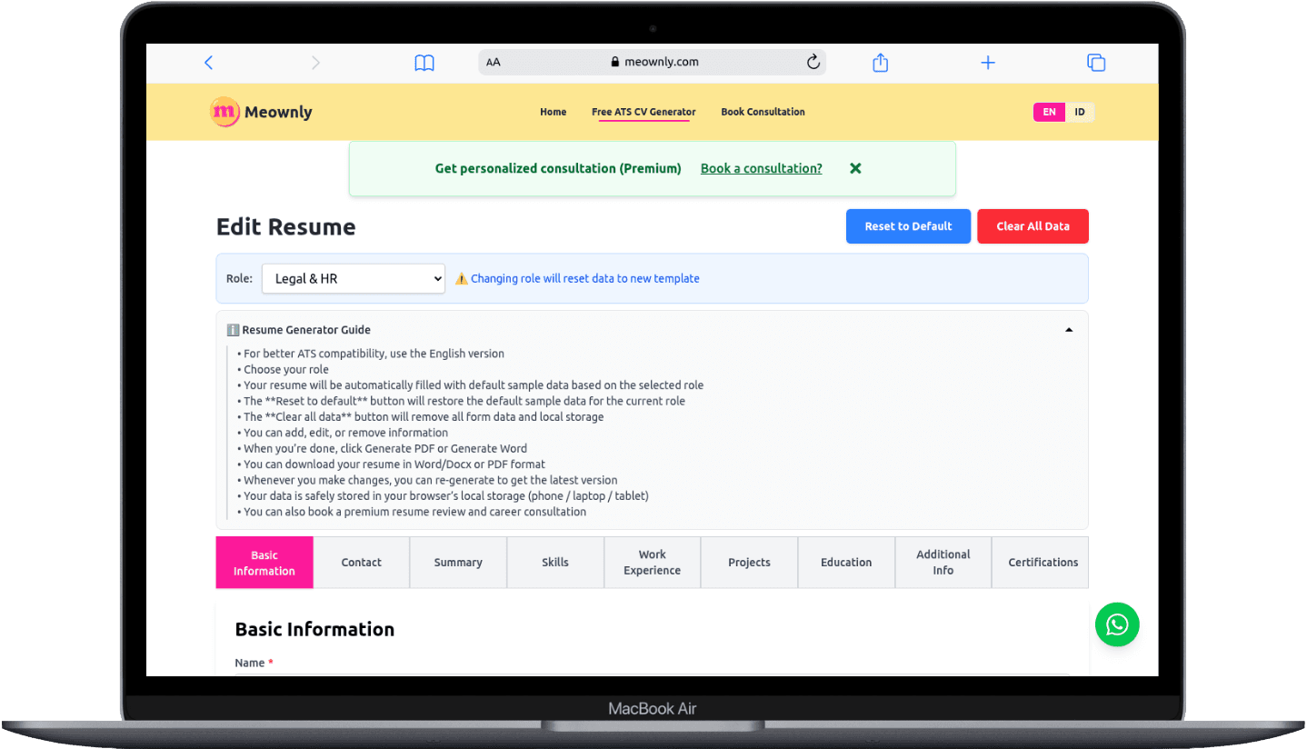 Portfolio Webdev Custom ATS-Friendly CV Generator App Desktop View