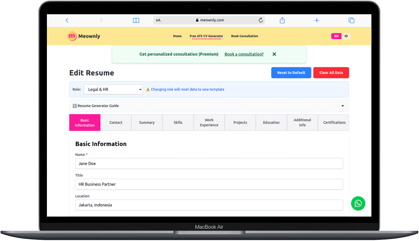 Portfolio Webdev Custom ATS-Friendly CV Generator App Desktop View
