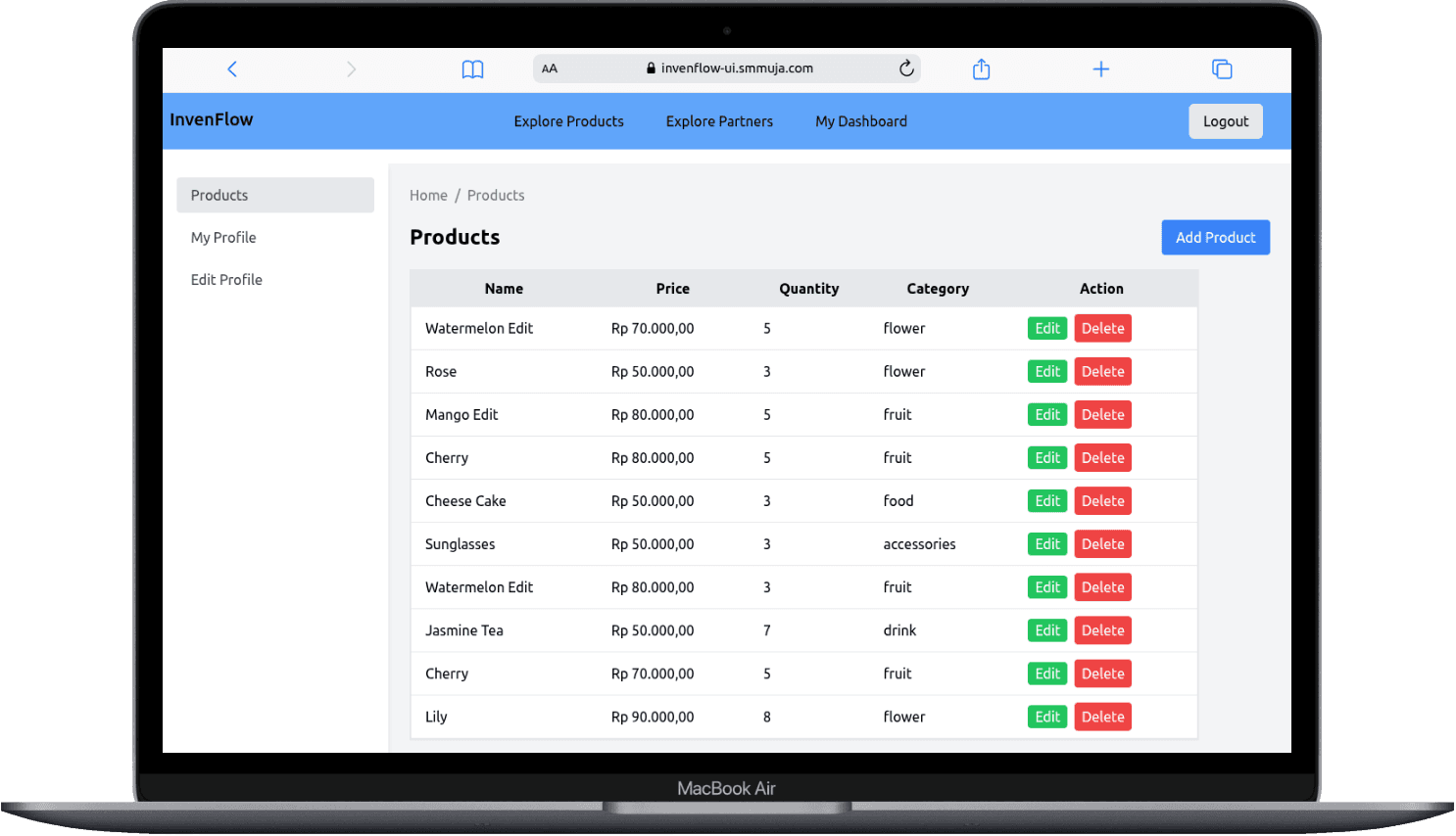 Portfolio Webdev Custom Inventory & Product Listing Desktop View