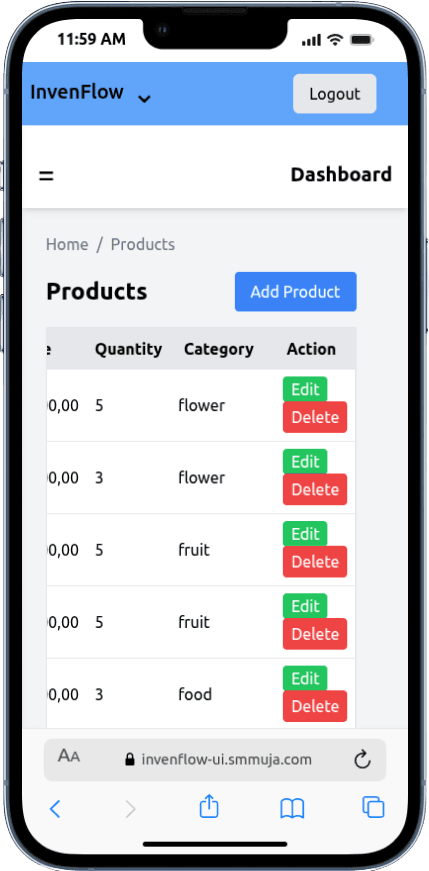 Portfolio Webdev Custom Inventory & Product Listing Mobile View